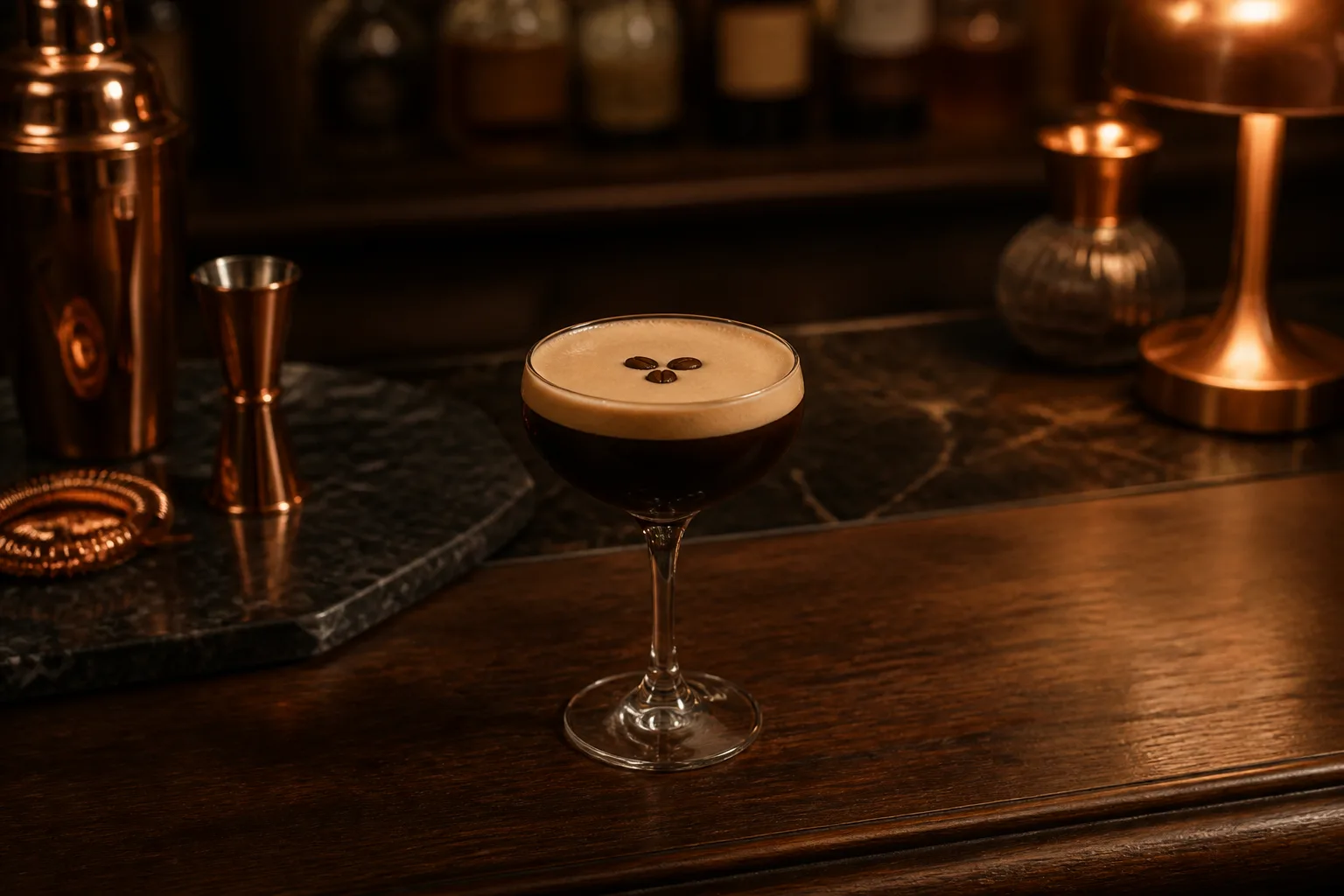 An espresso martini on the bar, three beans on the foam