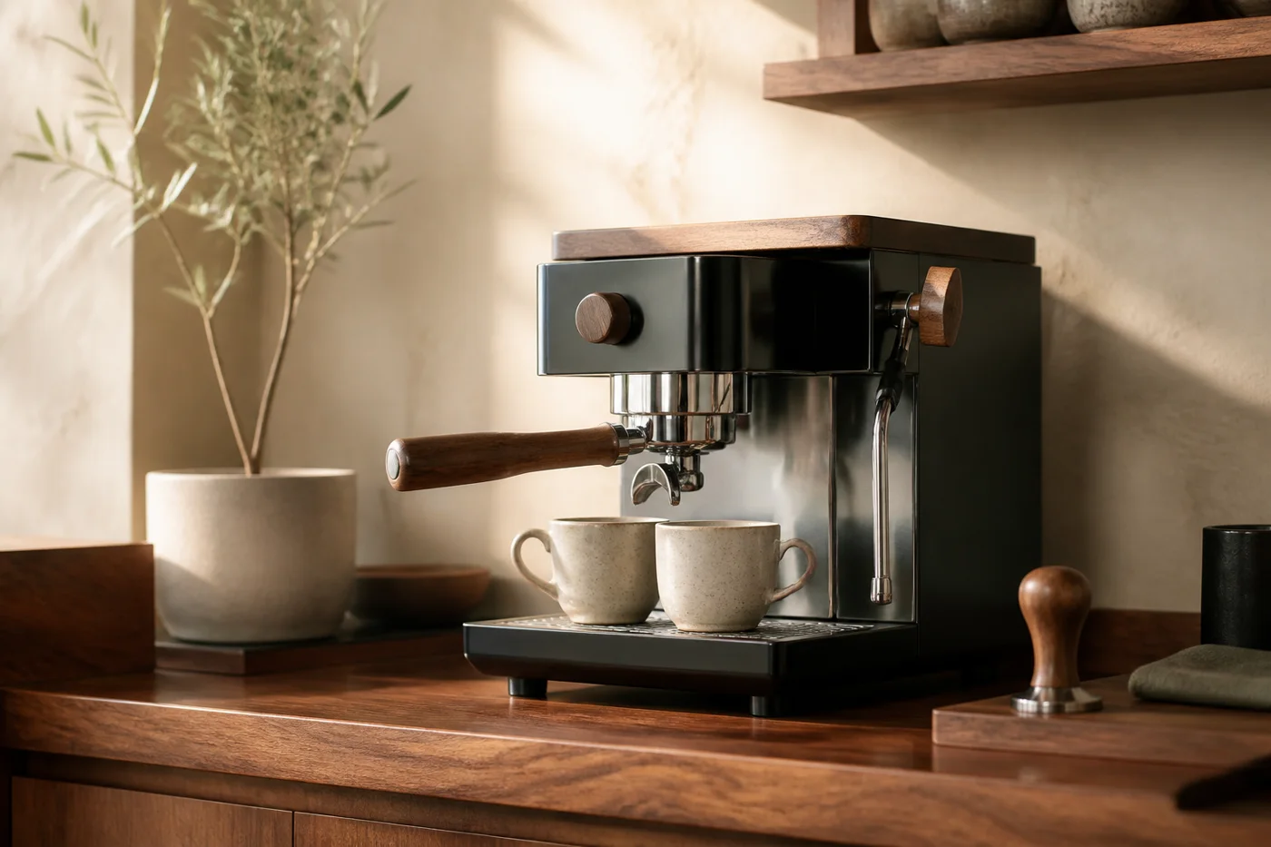 An espresso machine on the wood bar, two cups waiting